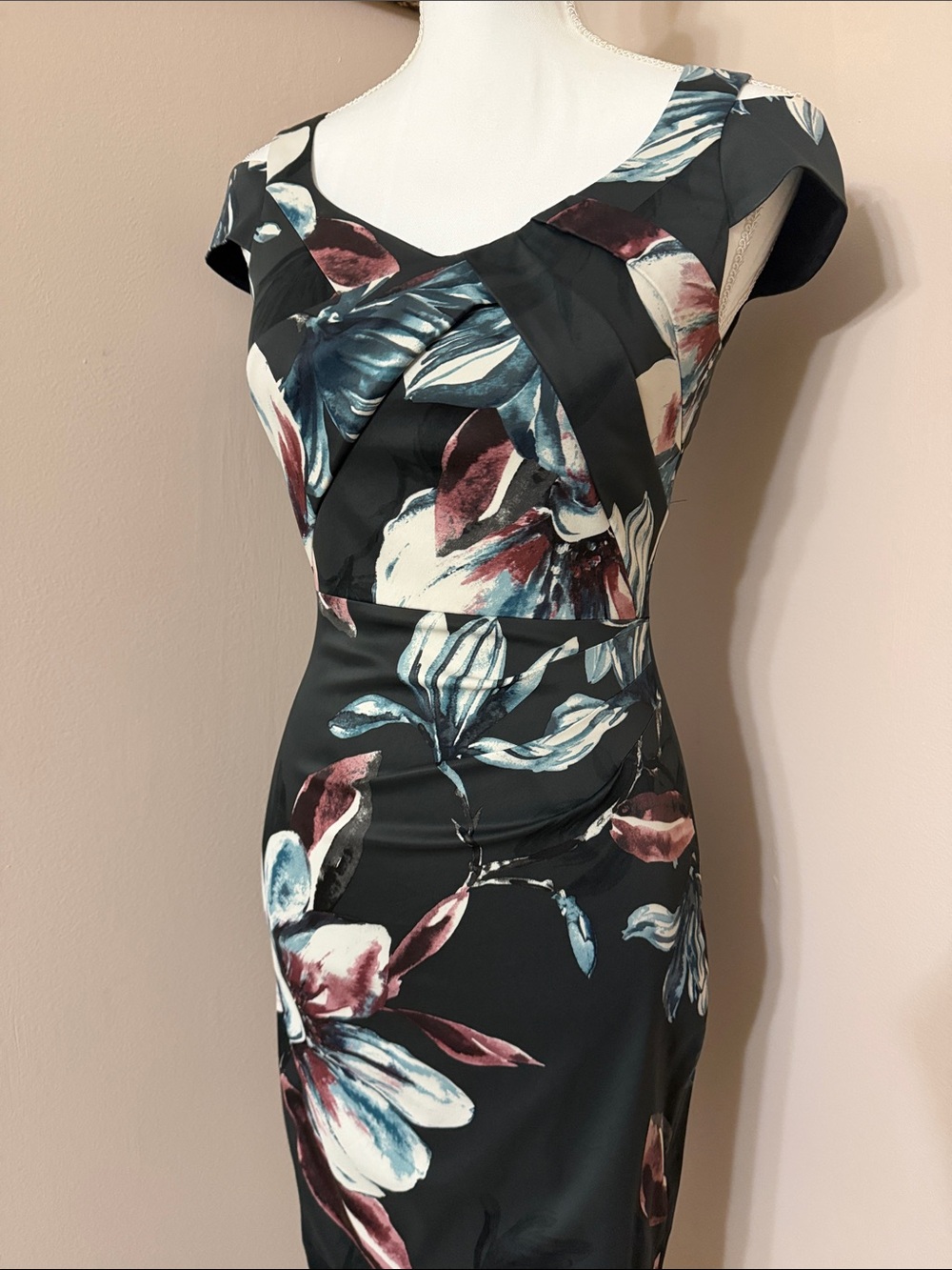Karen Millen Black Midi Dress with Burgundy and Teal Floral Print
